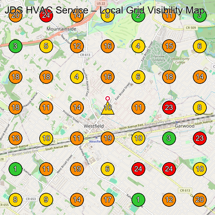 JDS HVAC Service Hvac Contractor GeoGrid ranking map for Westfield NJ